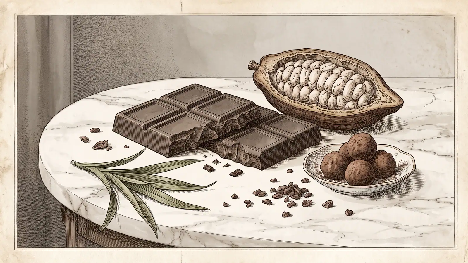 A still life of broken dark chocolate, a halved cacao pod, a dish of truffles and a pandan leaf on marble.