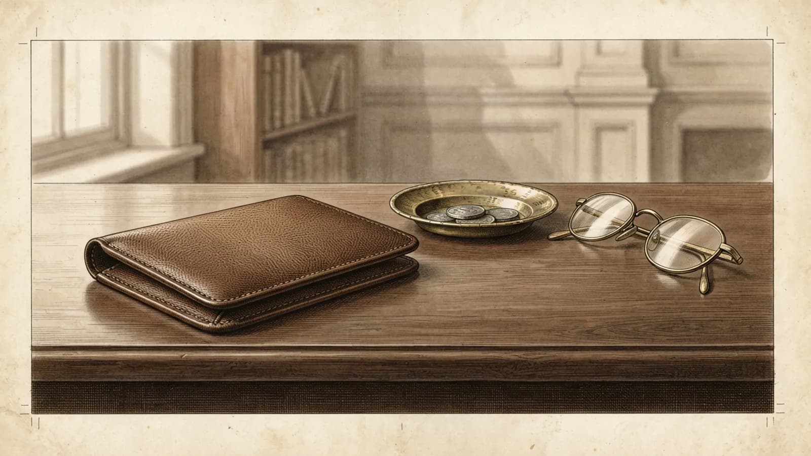 A leather card wallet, a brass dish with coins, and reading glasses on a polished wooden counter.