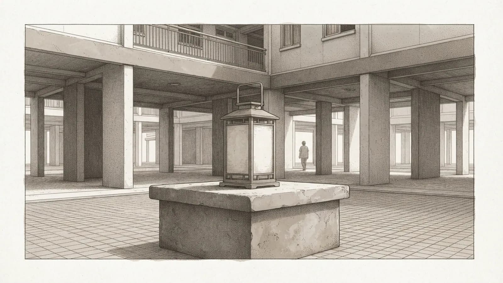 A ceremonial lantern on a stone pedestal in a quiet, softly lit HDB void deck.
