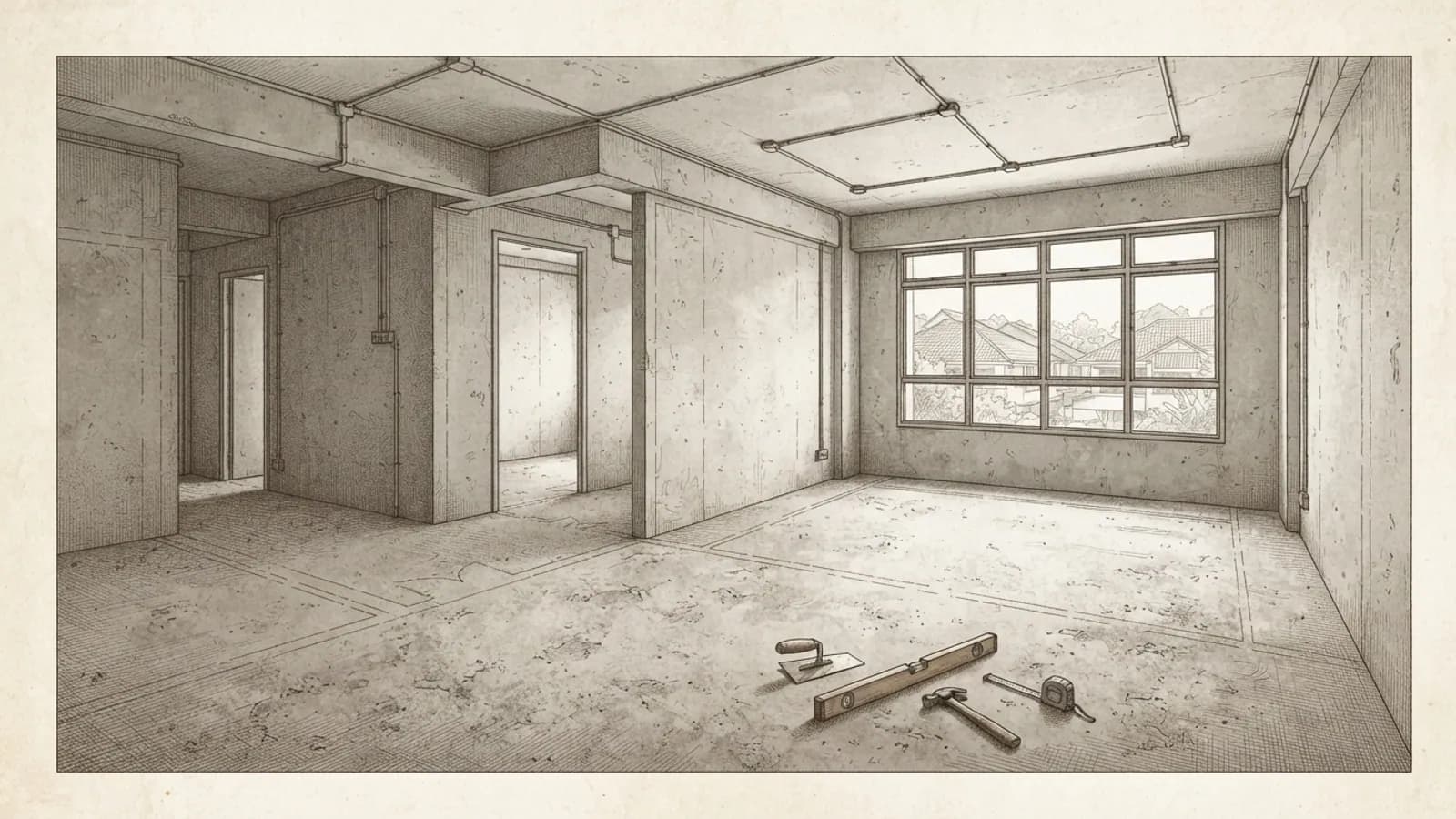 An HDB living room under renovation with bare concrete floors, wall outlines, and construction tools.