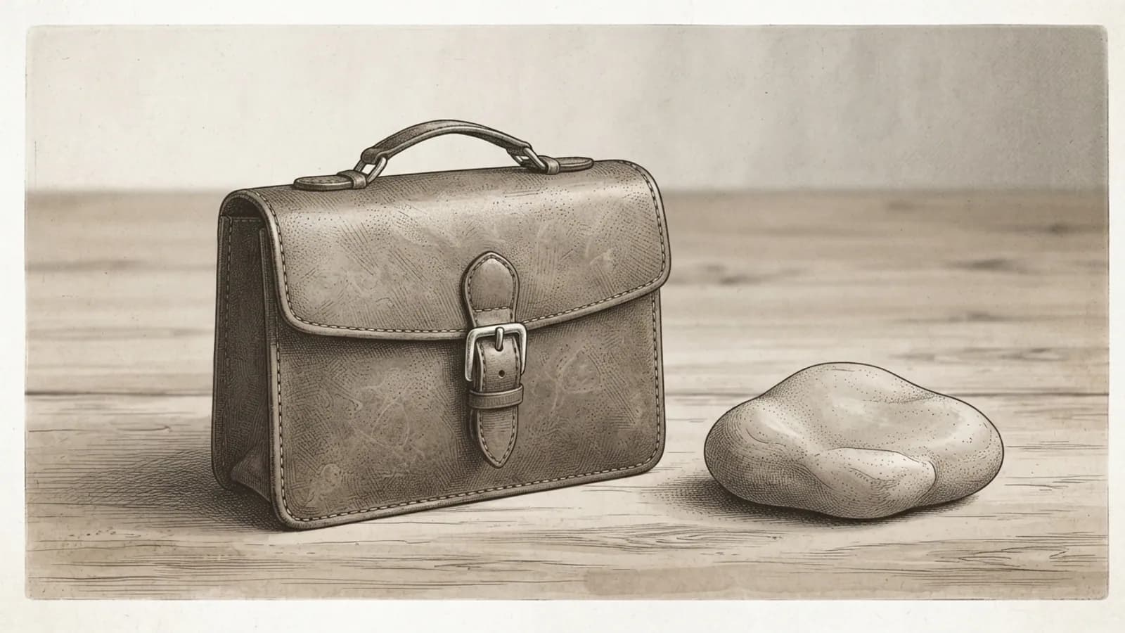 A small, closed leather briefbag and a smooth stone paperweight on a wooden table.
