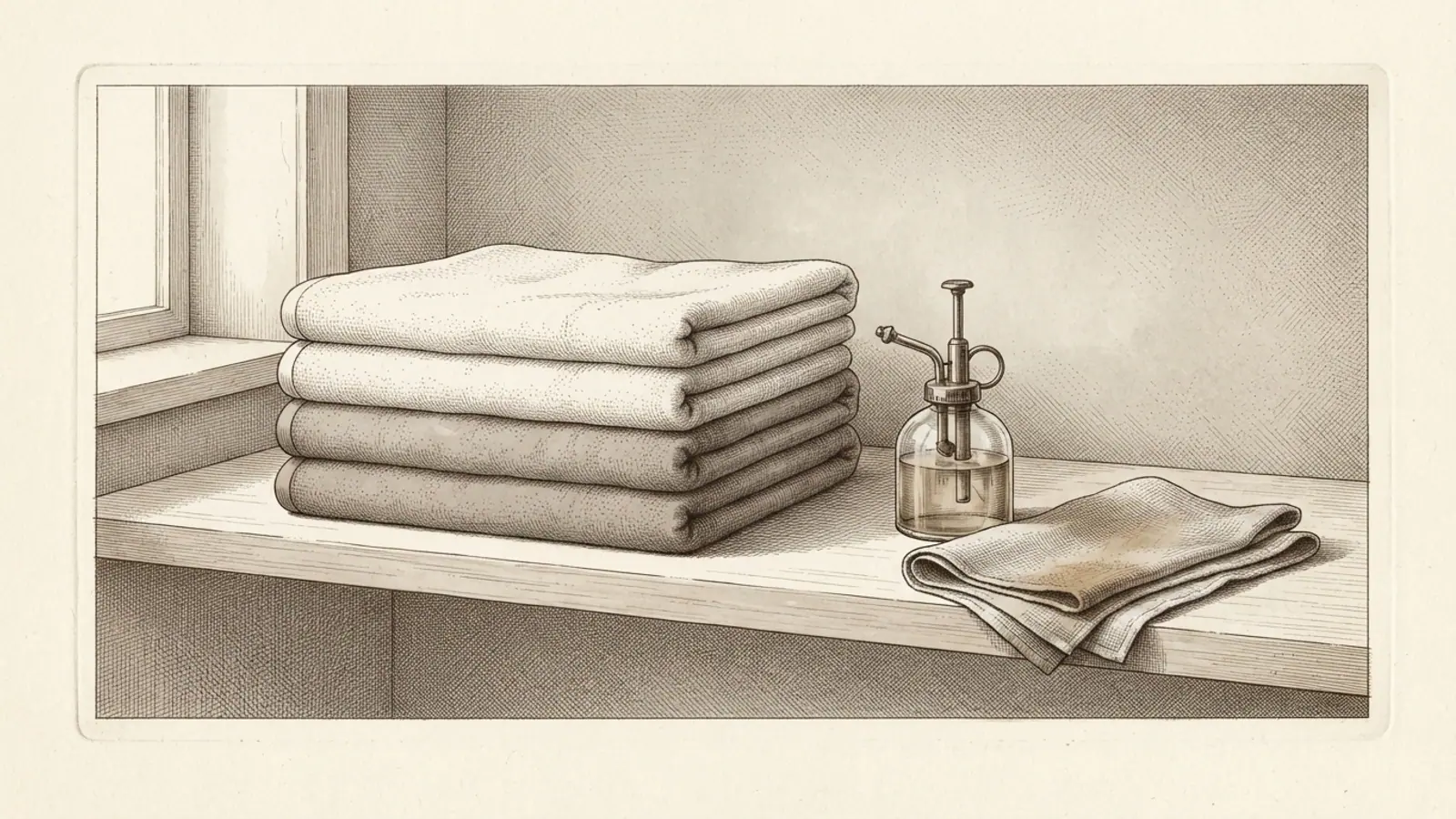A stack of folded towels, a spray bottle, and a dusting cloth on a clean shelf.