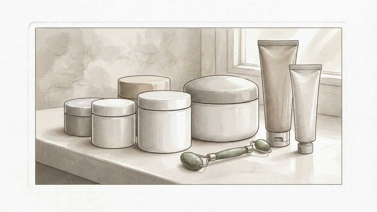 Various unlabelled skincare containers and a jade roller on a stone surface.