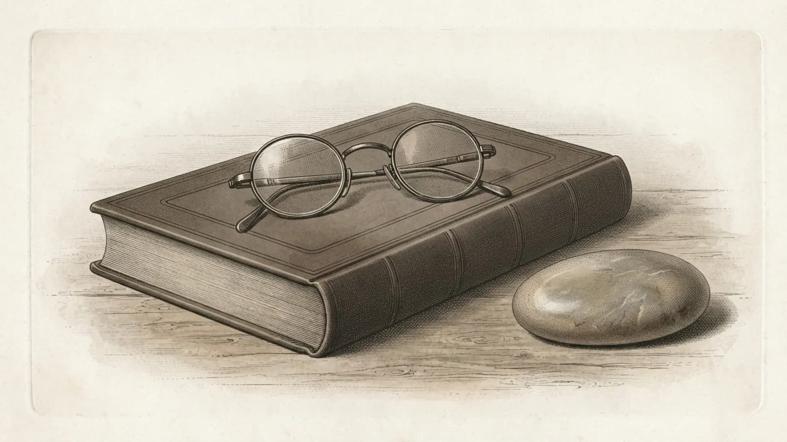Plain reading glasses resting on a closed book with a smooth stone.