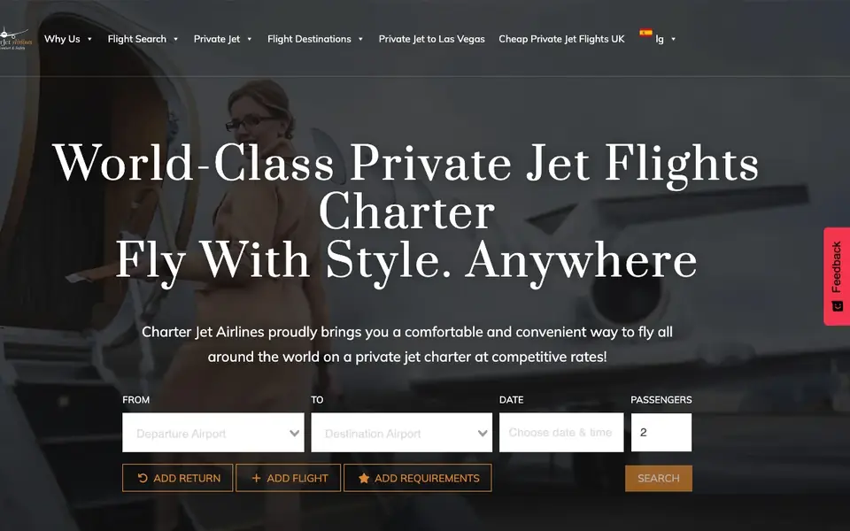 Charter Jet Airlines website homepage, 4 Oct 2026