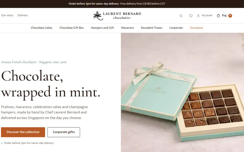 Laurent Bernard Chocolatier website homepage, 19 Oct 2026
