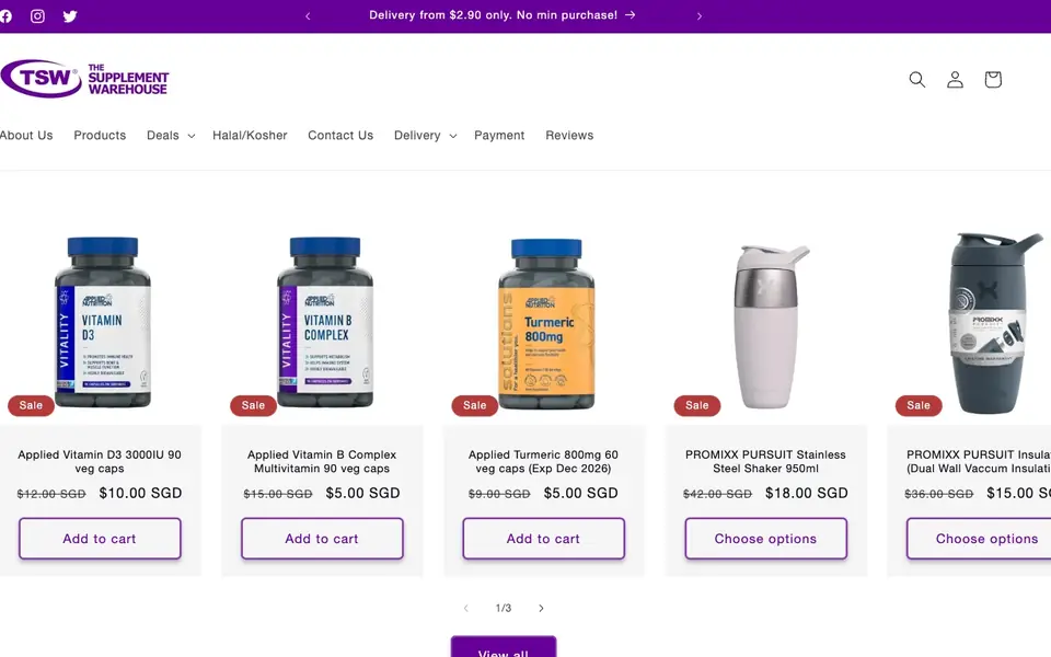 The Supplement Warehouse website homepage, 4 Oct 2026